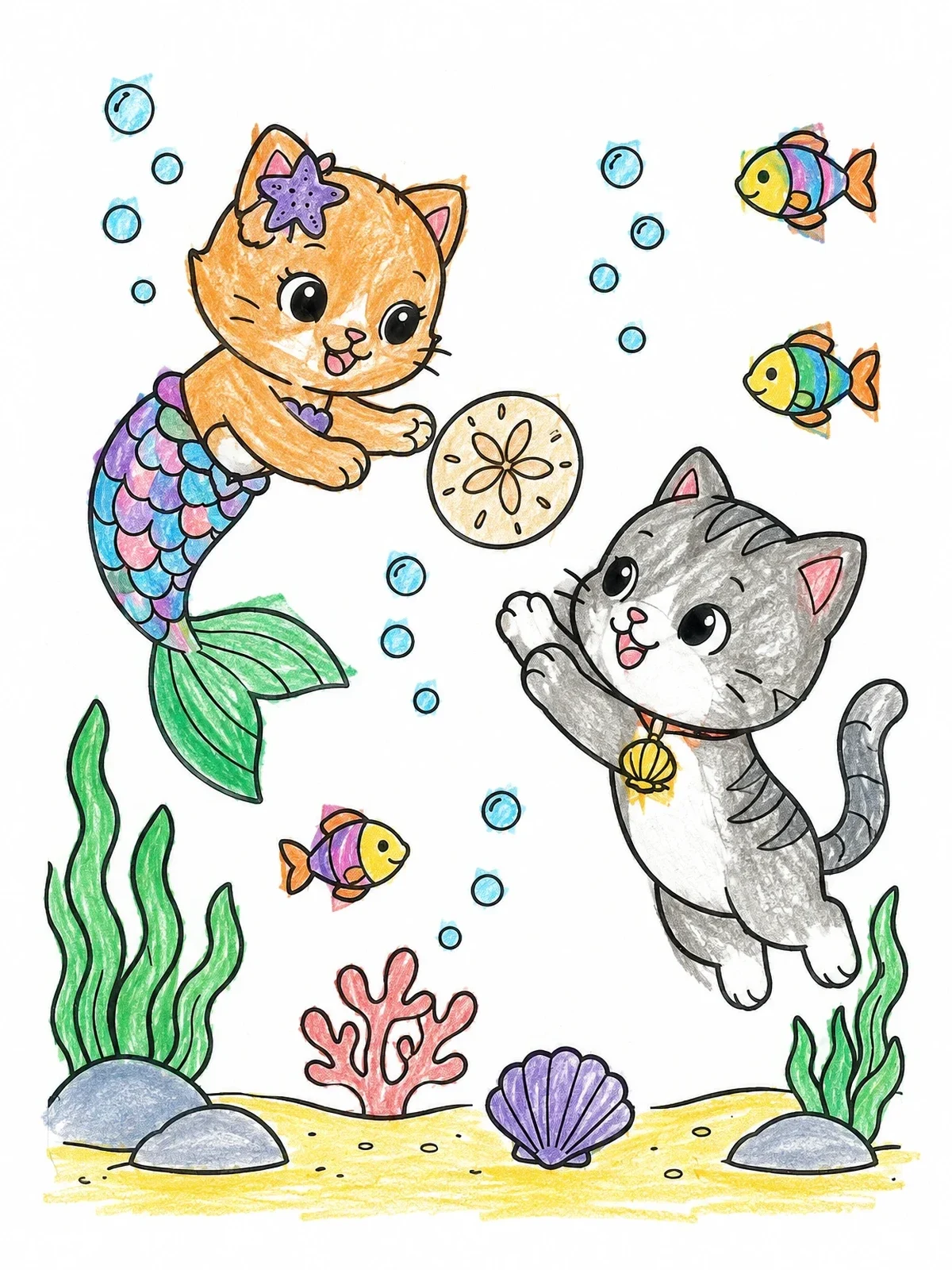Colored example of the Mermaid Cat Playing Underwater Catch coloring page
