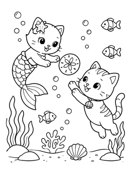 A sweet mercat coloring page showing a mermaid cat tossing a sand dollar to a swimming kitten underwater.