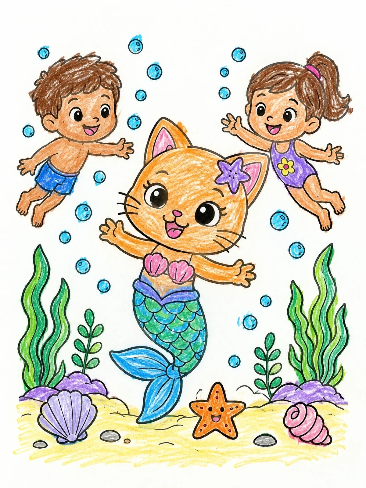 Colored example of the Mermaid Cat Swimming With Children coloring page