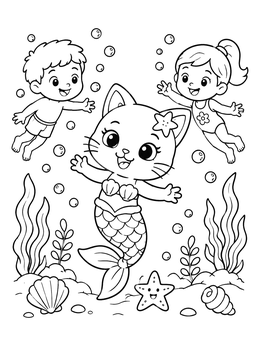 Free printable Mermaid Cat Swimming With Children coloring page