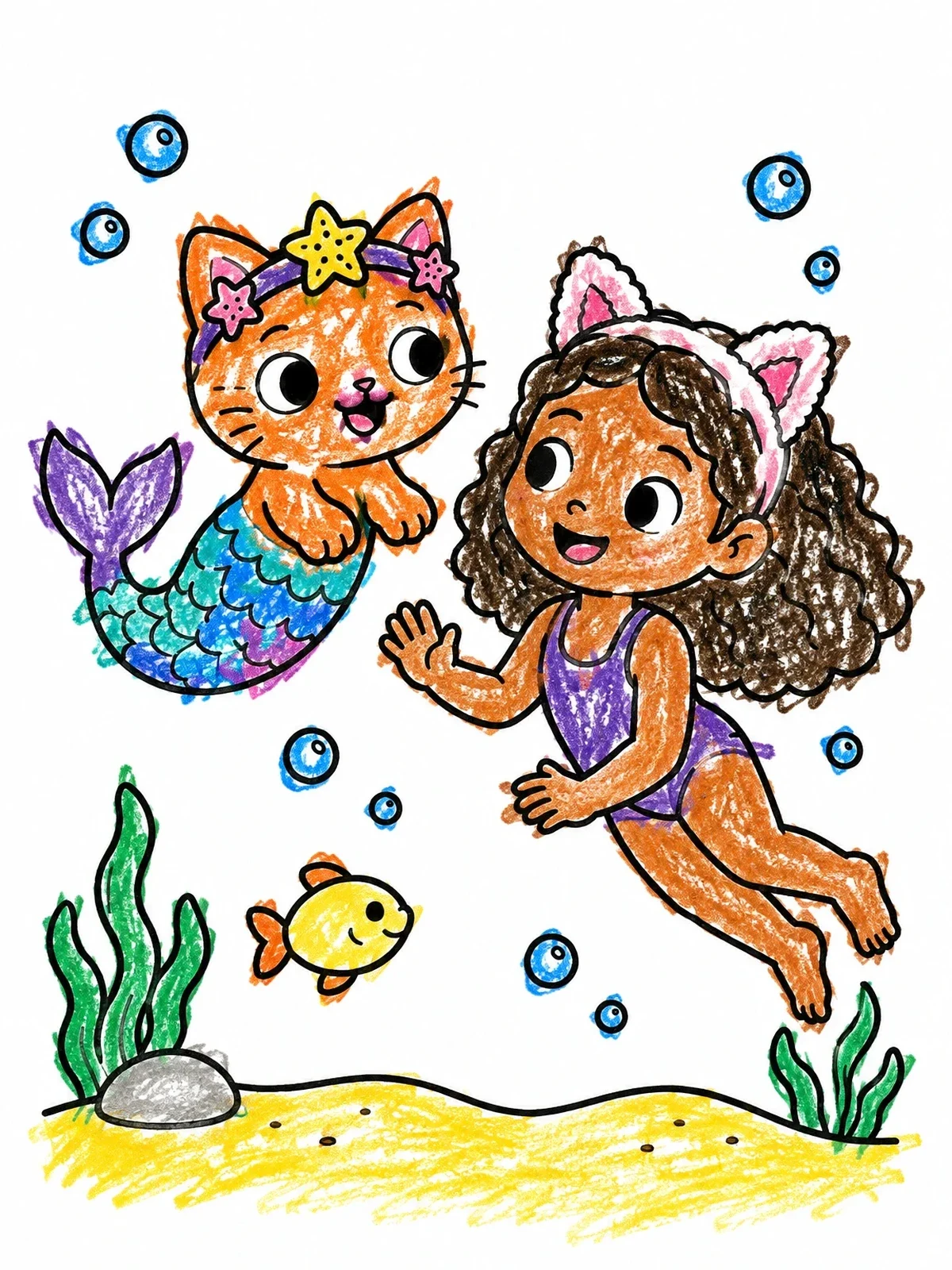 Colored example of the Mermaid Cat And Swimming Girl coloring page