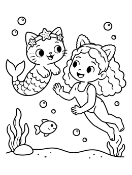 Free printable Mermaid Cat And Swimming Girl coloring page