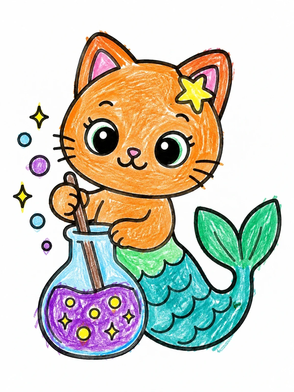 Colored example of the Mermaid Cat Mixing A Magic Potion coloring page