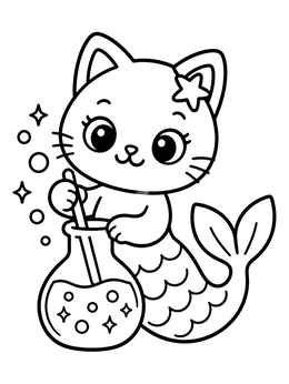 Free printable Mermaid Cat Mixing A Magic Potion coloring page