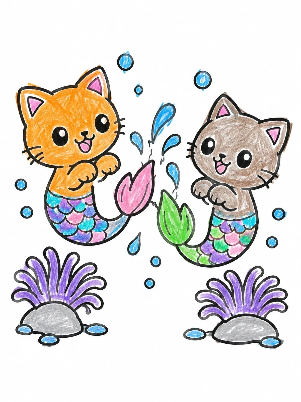 Colored example of the Playful Mermaid Kittens Splashing Underwater coloring page