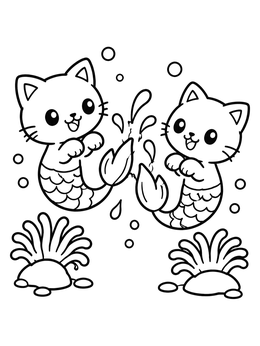 Free printable Playful Mermaid Kittens Splashing Underwater coloring page
