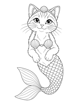 Detailed mercat coloring page featuring a smiling mermaid cat with seashell accessories and curved tail.