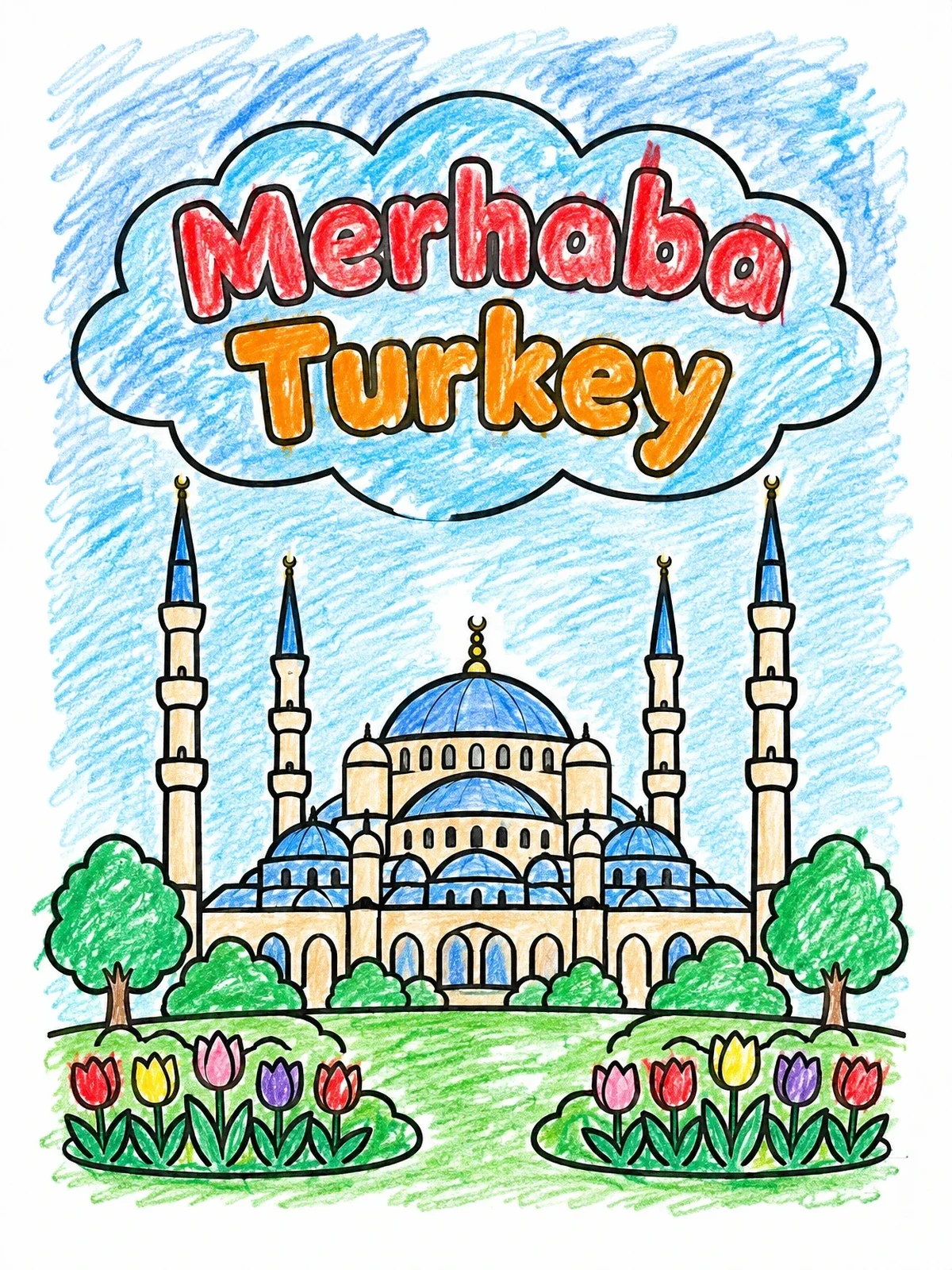 Colored example of the Merhaba Turkey Blue Mosque And Tulips coloring page