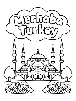 Free printable Merhaba Turkey Blue Mosque And Tulips coloring page