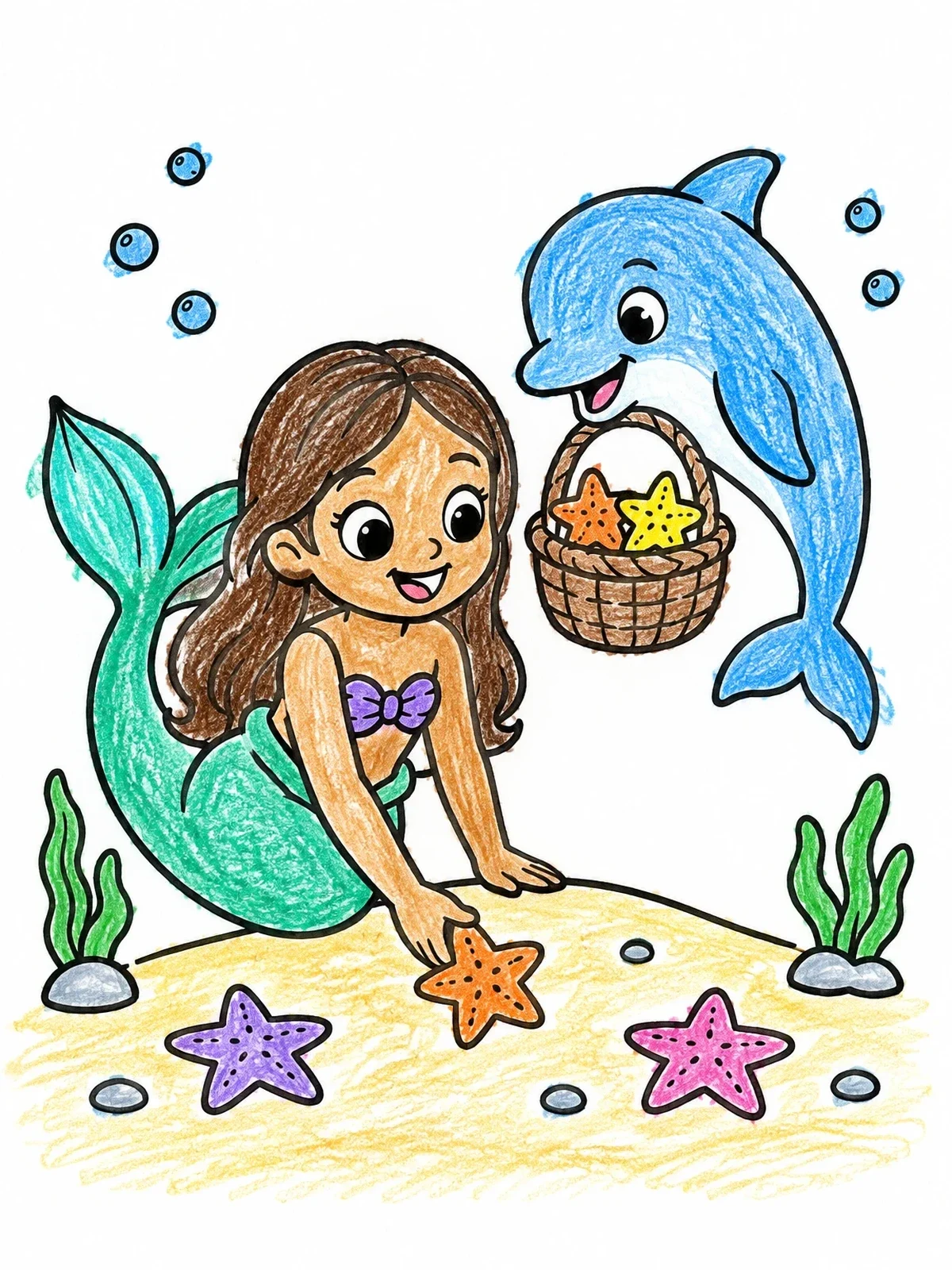 Colored example of the Mermaid And Dolphin Collecting Starfish coloring page