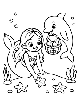 A friendly mermaid dolphin coloring page showing the pair gathering starfish.