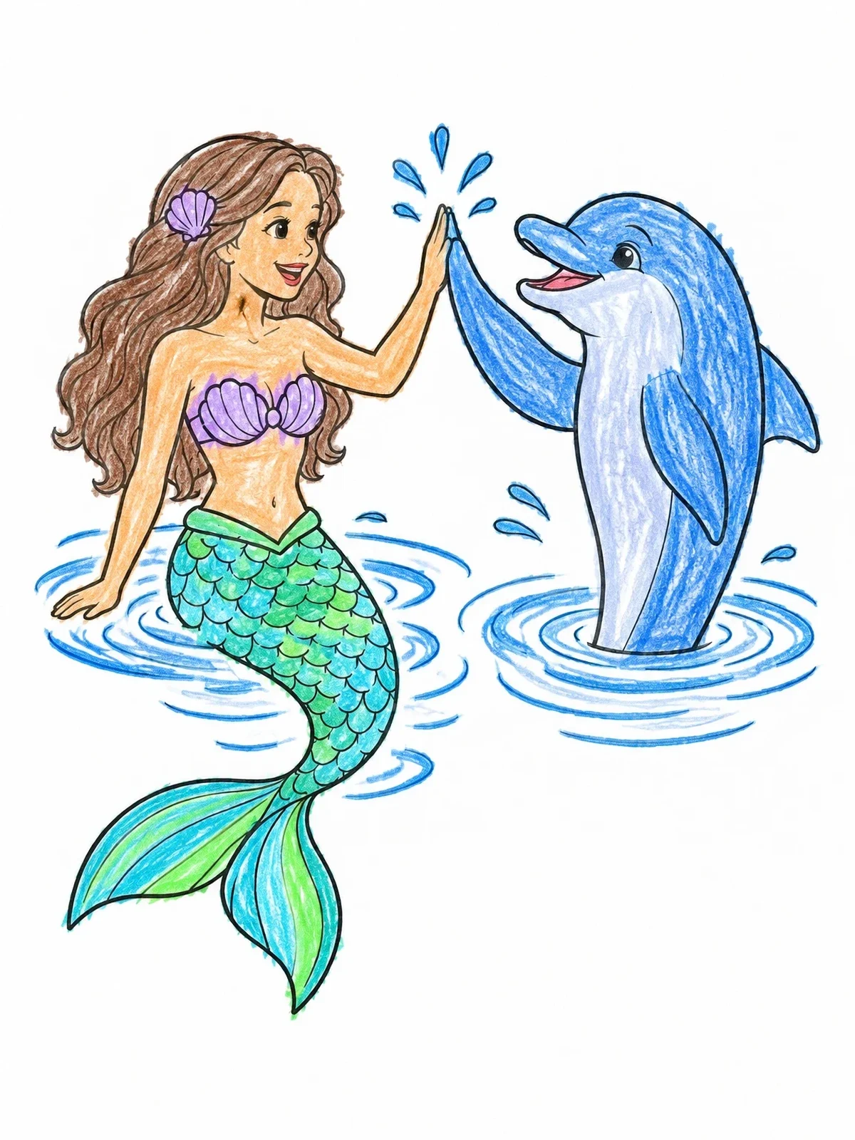 Colored example of the Mermaid And Dolphin High Five coloring page