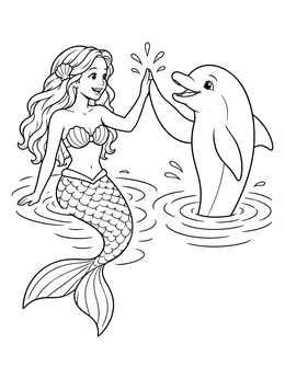 A cheerful mermaid dolphin coloring page showing them sharing a high five above water ripples.