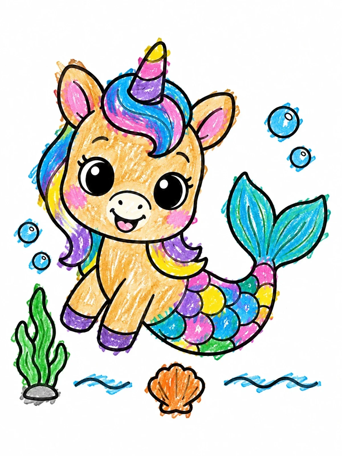 Colored example of the Cute Baby Mer Unicorn Underwater coloring page