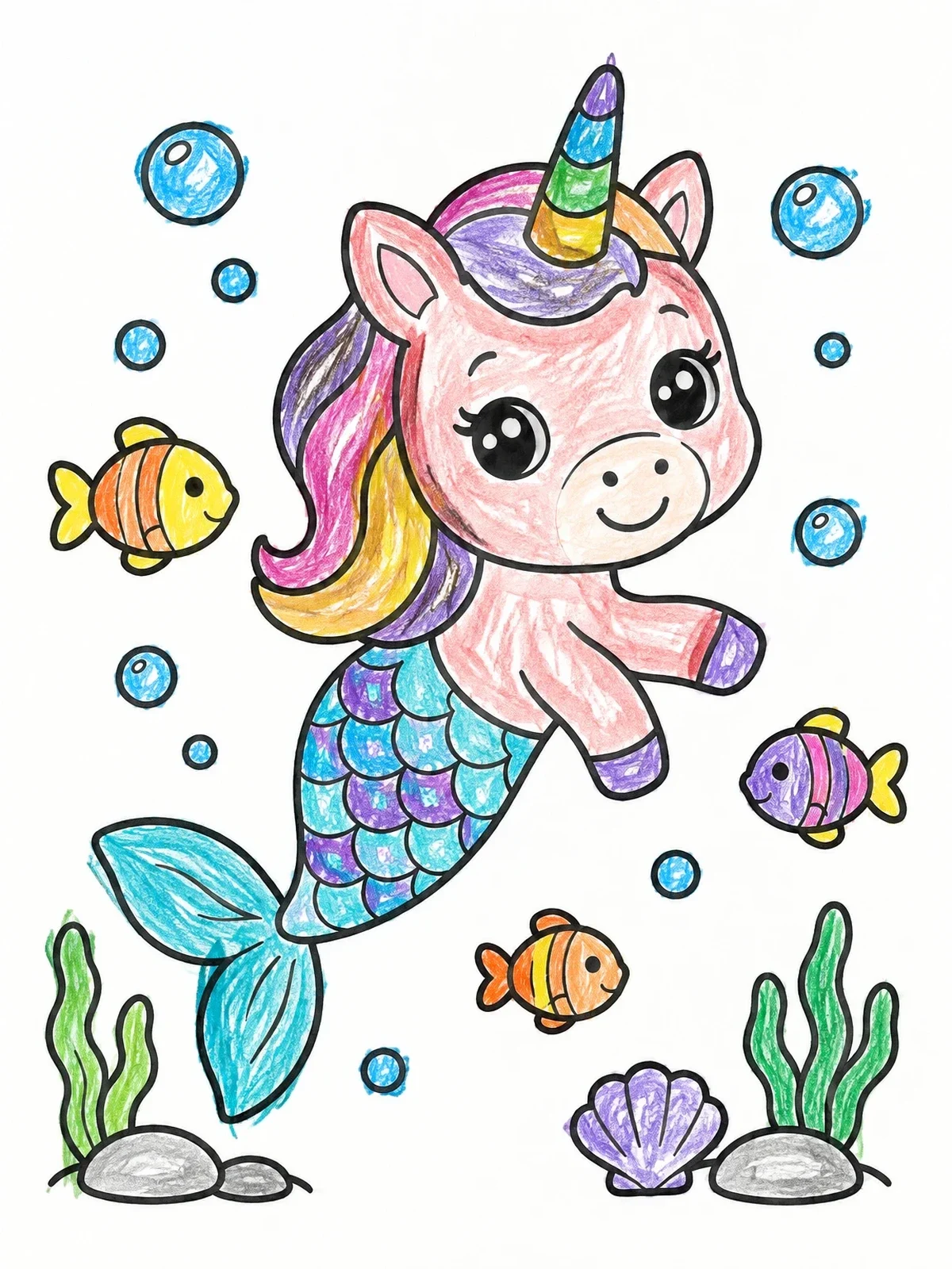 Colored example of the Cute Mermicorn Swimming With Little Fish coloring page