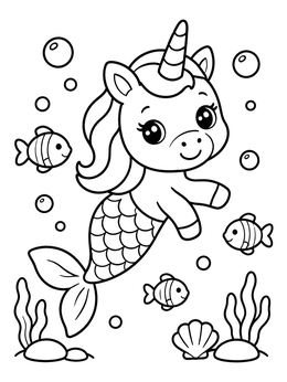 Free printable Cute Mermicorn Swimming With Little Fish coloring page