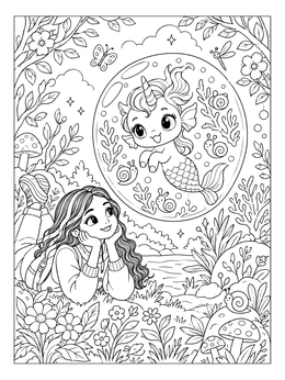Free printable Girl Watching A Floating Mermicorn coloring page
