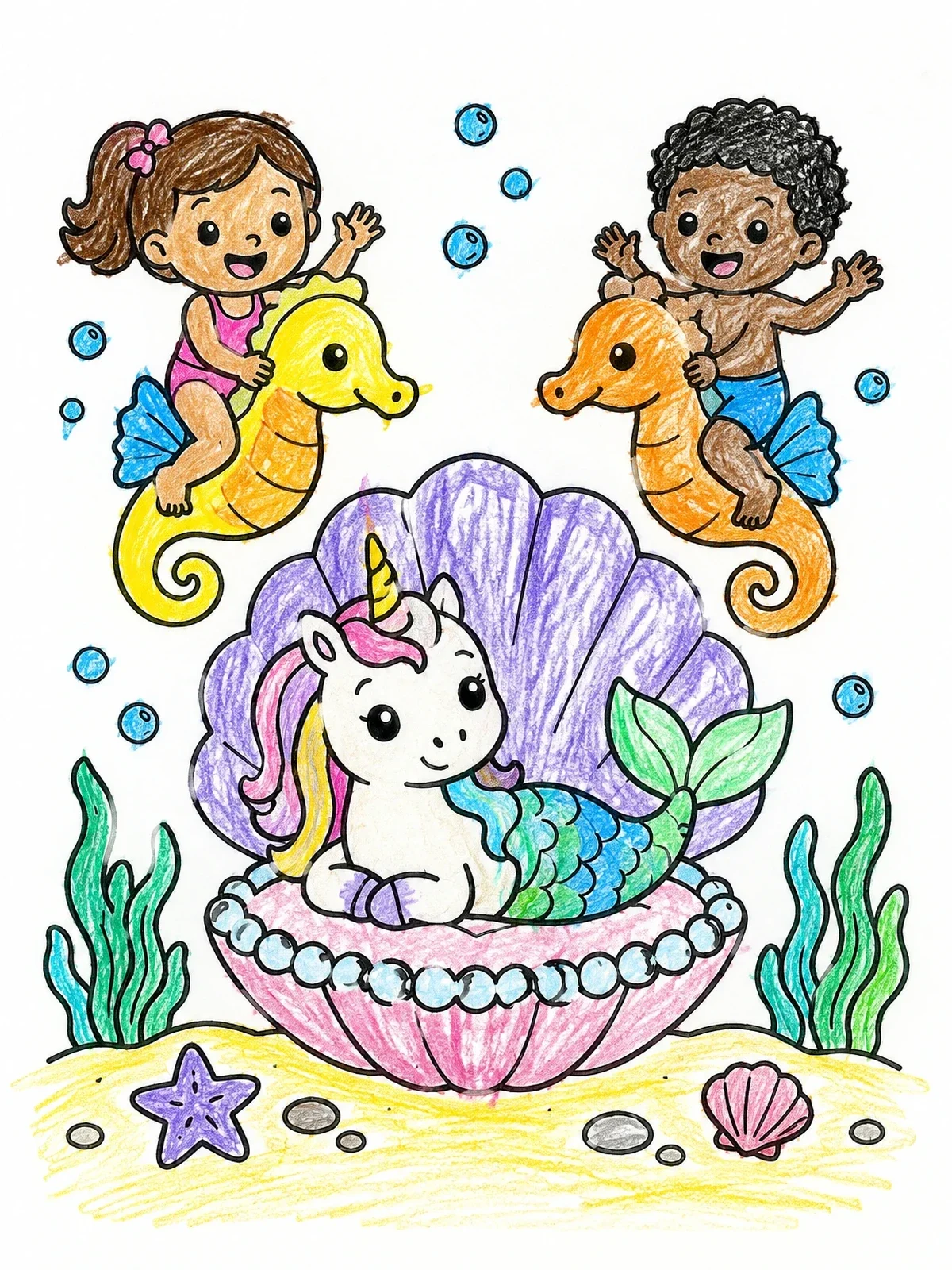 Colored example of the Mermicorn In Shell With Seahorse Riders coloring page