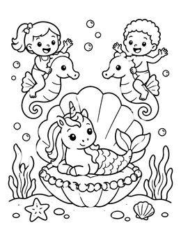 Free printable Mermicorn In Shell With Seahorse Riders coloring page