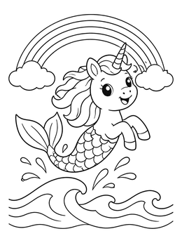 Free printable Playful Mermicorn Leaping Over Ocean Waves coloring page