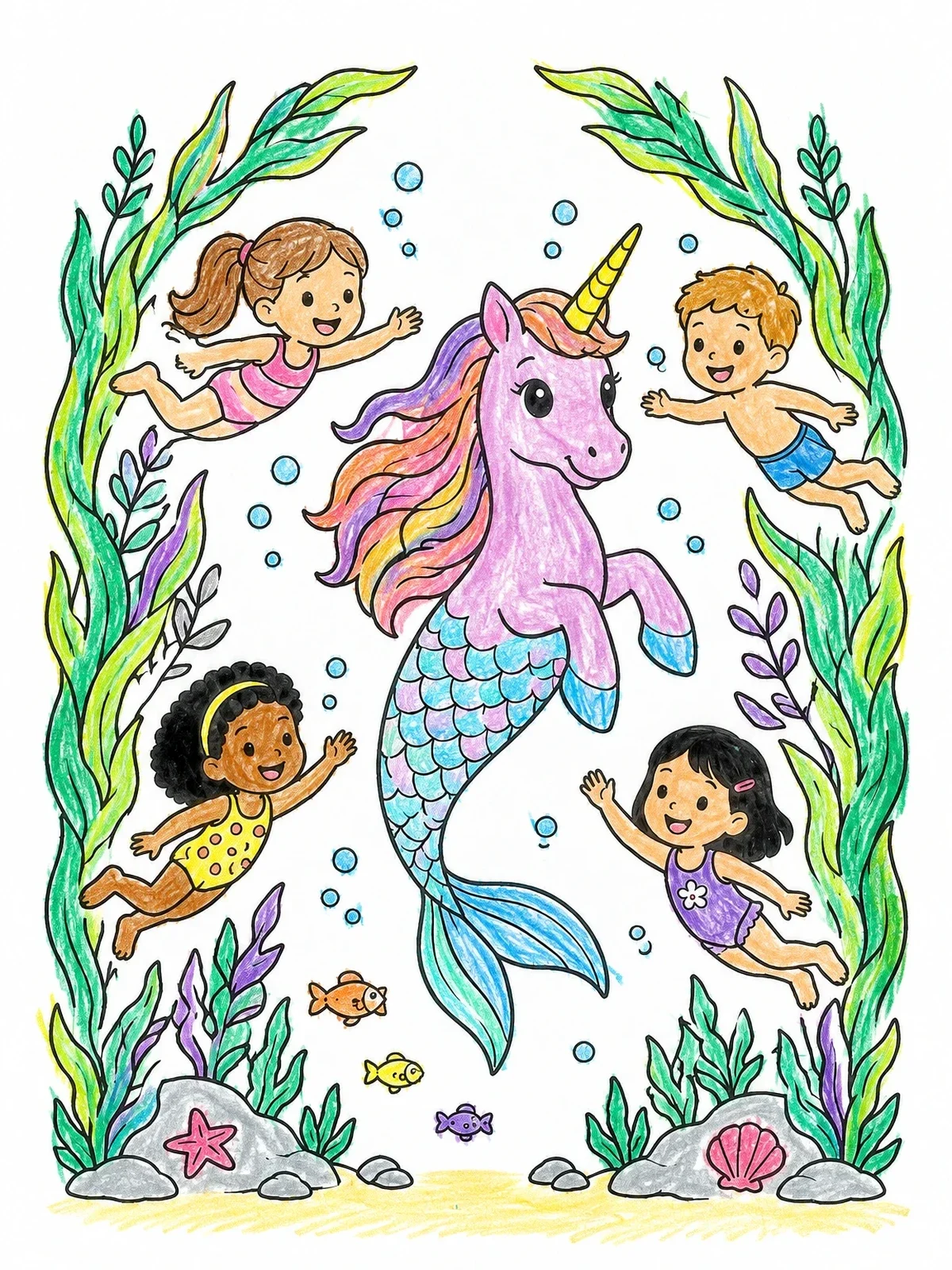 Colored example of the Sea Unicorn Swimming With Children coloring page