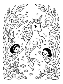 Free printable Sea Unicorn Swimming With Children coloring page