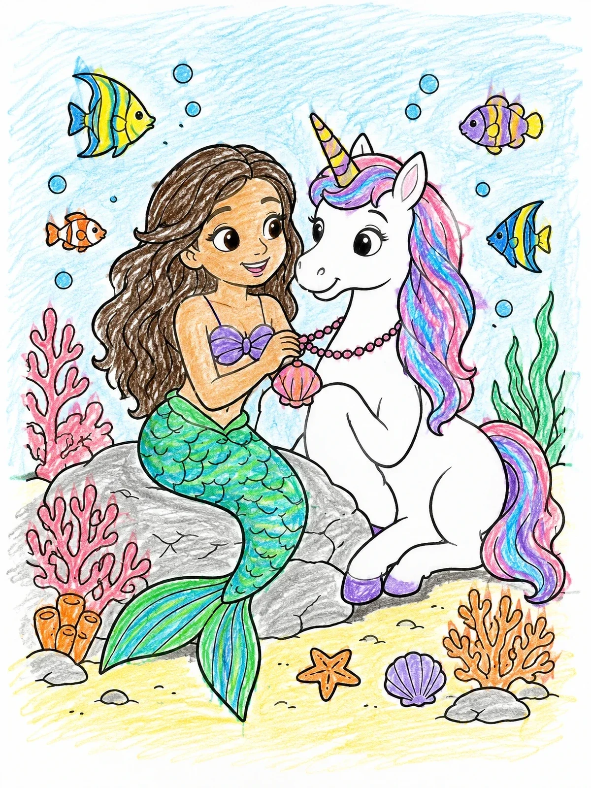Colored example of the Mermaid And Unicorn With Seashell Necklace coloring page