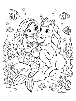 Free printable Mermaid And Unicorn With Seashell Necklace coloring page