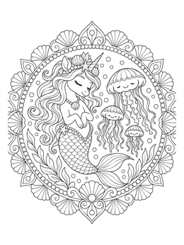 A serene mermaid and unicorn coloring page featuring a mermicorn surrounded by jellyfish and an ornate shell border.