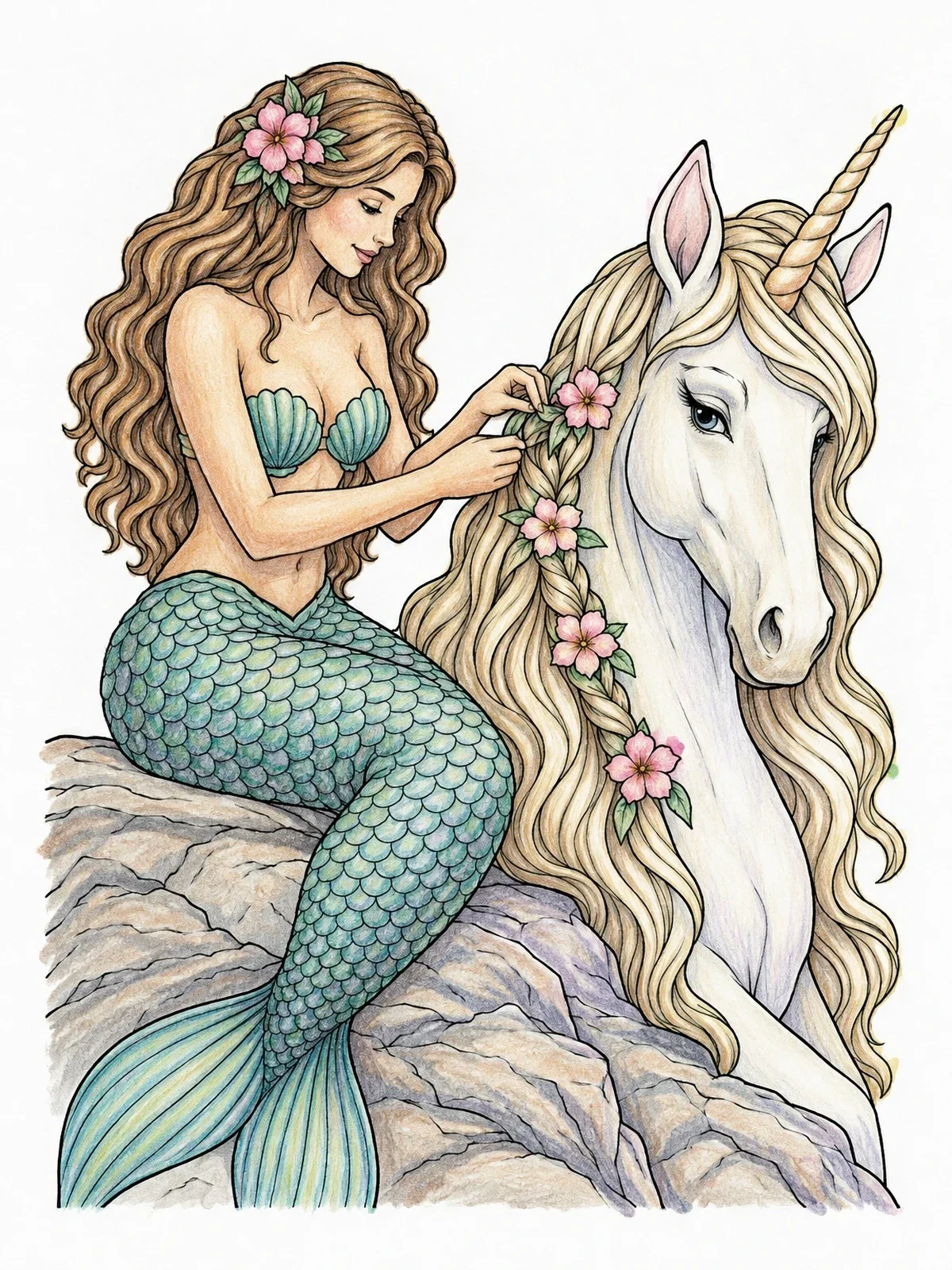 Colored example of the Mermaid Braiding Flowers In Unicorn Mane coloring page