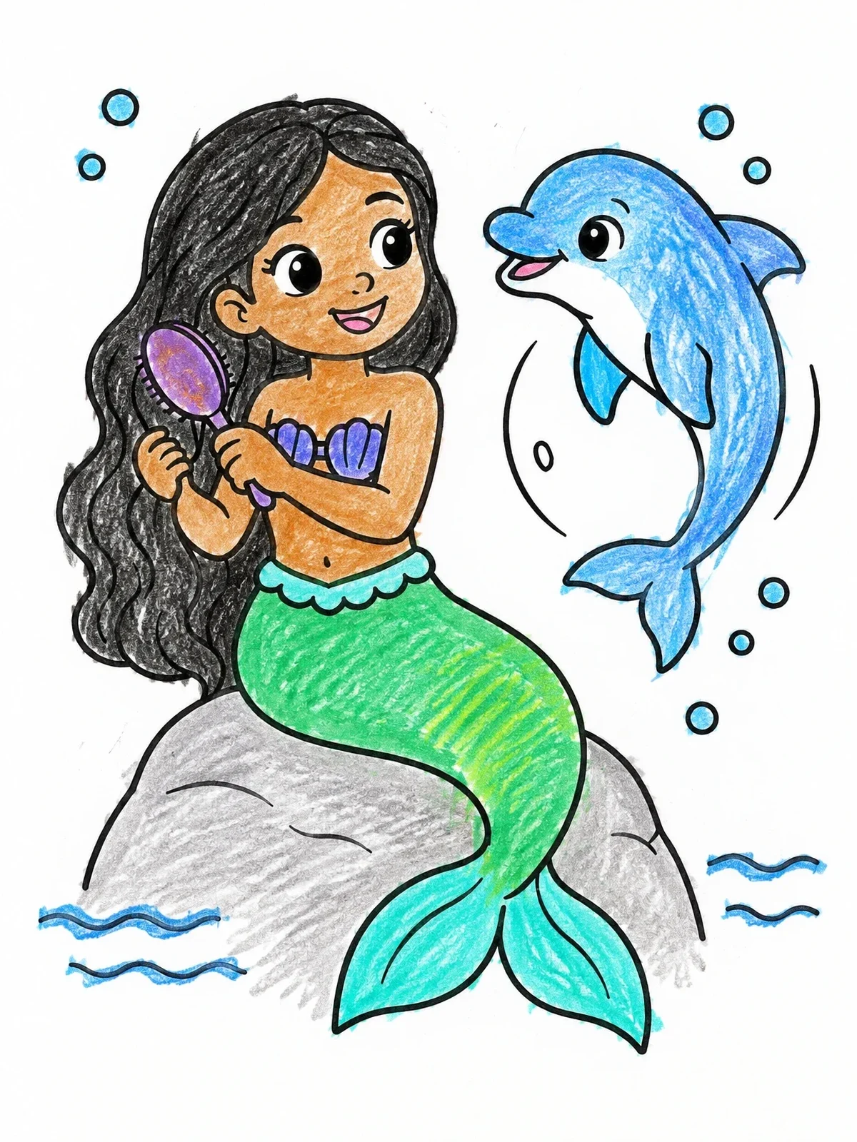 Colored example of the Mermaid Brushing Hair Beside Dolphin coloring page