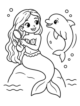 Free printable Mermaid Brushing Hair Beside Dolphin coloring page