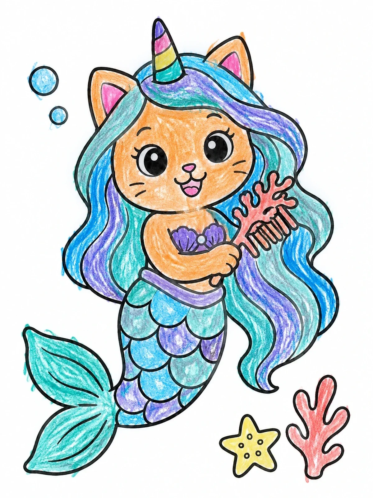 Colored example of the Cute Caticorn Purrmaid Brushing Hair coloring page