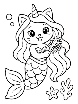 A cheerful caticorn on this mermaid cat coloring page brushes her flowing hair underwater.