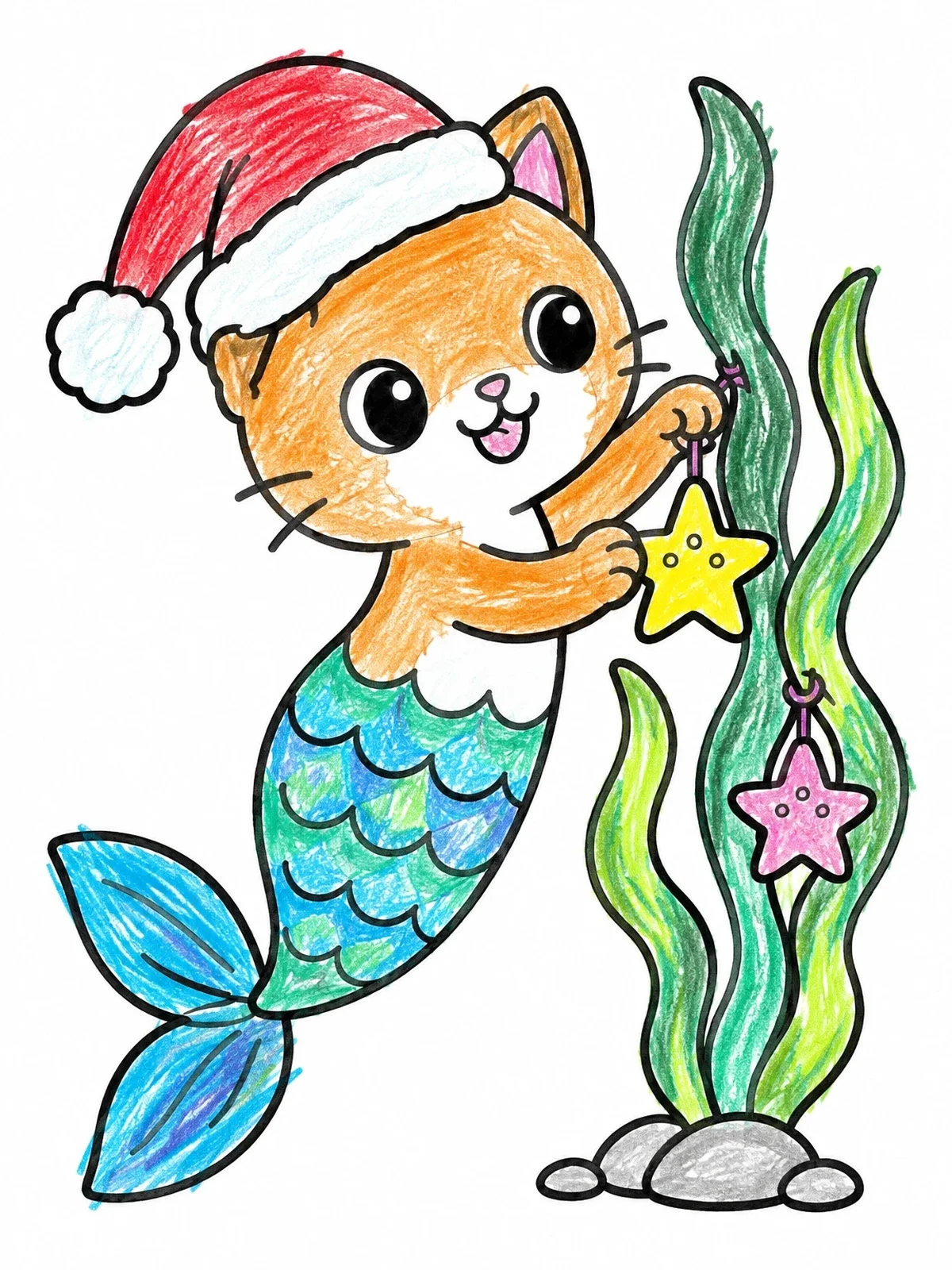 Colored example of the Festive Mermaid Cat Decorating Kelp coloring page