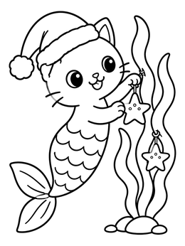 A cute mermaid cat coloring page featuring a Santa hat and starfish ornaments on seaweed.