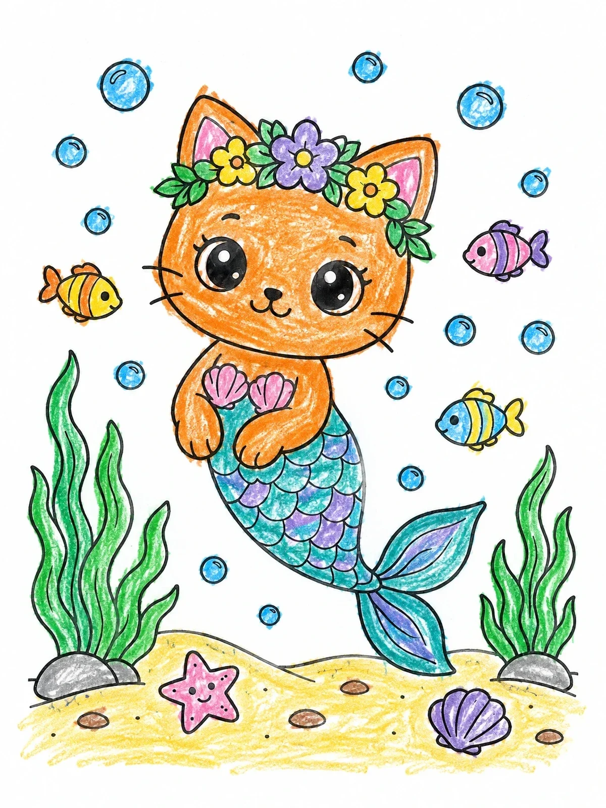Colored example of the Mermaid Cat With Flower Crown coloring page