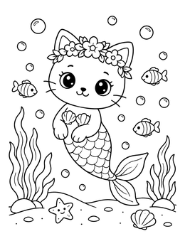 Free printable Mermaid Cat With Flower Crown coloring page
