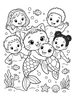 Free printable Mermaid Cat Hugging A Sea Turtle With Kids coloring page