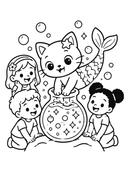 A cheerful mermaid cat coloring page showing a purr-maid above a magical bowl surrounded by kids.