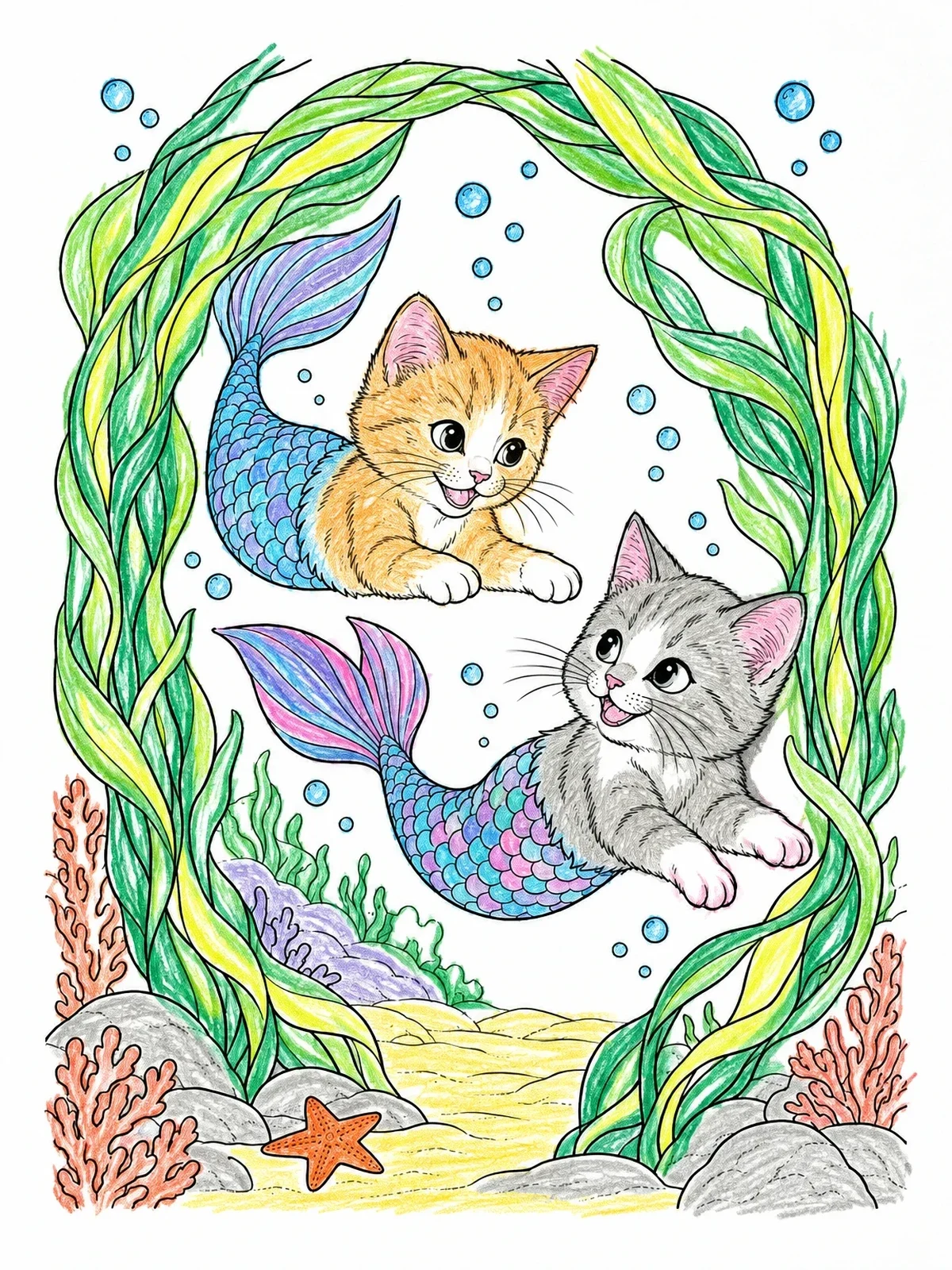 Colored example of the Playful Kitten Purrmaids Swimming Underwater coloring page