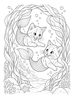 Two cute kittens with fish tails swim together on this mermaid cat coloring page.