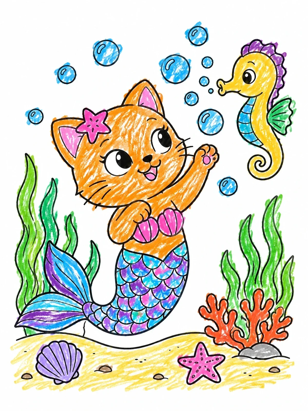 Colored example of the Mermaid Cat Playing With Seahorse coloring page