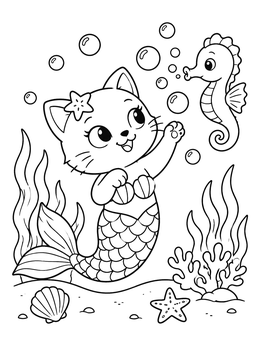 Free printable Mermaid Cat Playing With Seahorse coloring page