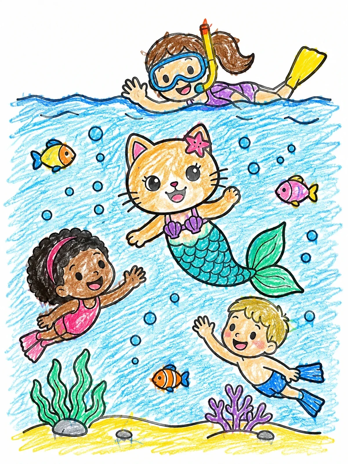 Colored example of the Mermaid Cat Swimming With Snorkelers coloring page