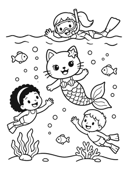 Free printable Mermaid Cat Swimming With Snorkelers coloring page
