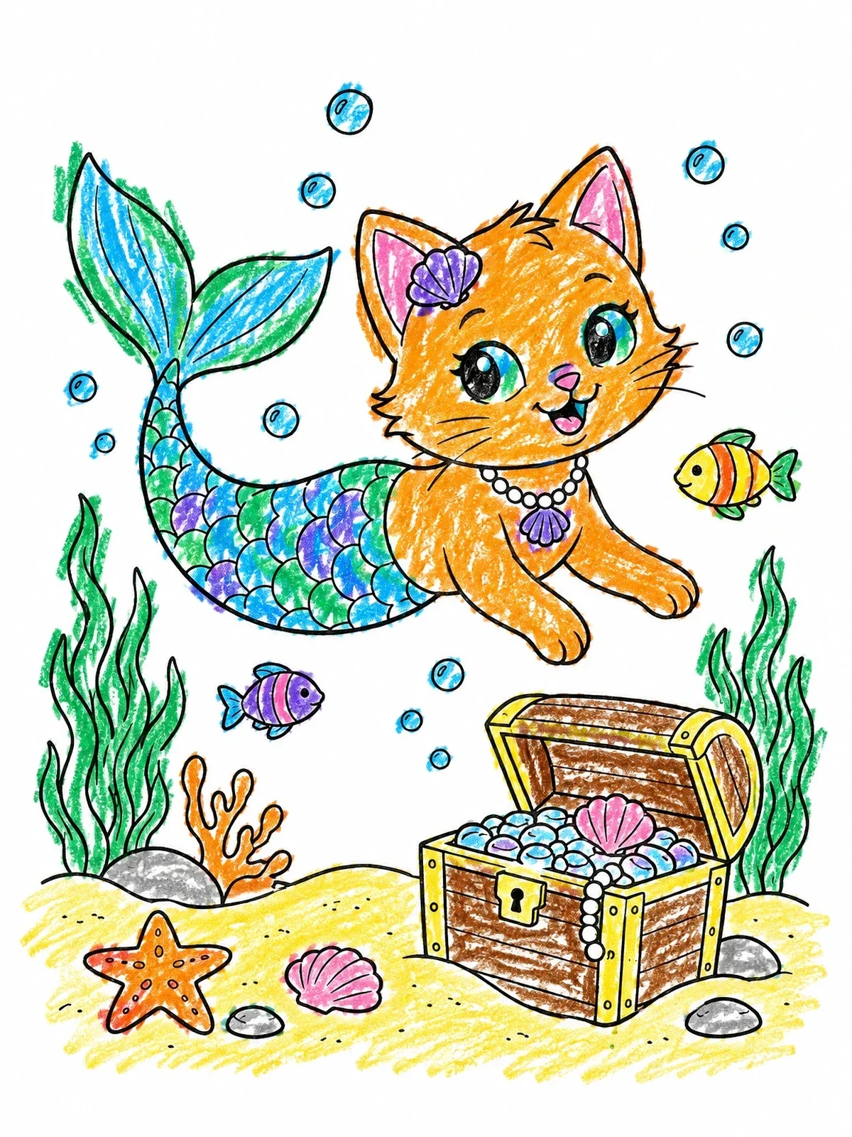 Colored example of the Mermaid Cat By The Treasure Chest coloring page