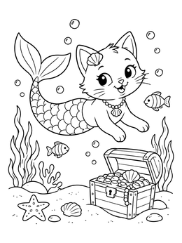 A cheerful mermaid cat coloring page swimming near an open treasure chest on the seabed.