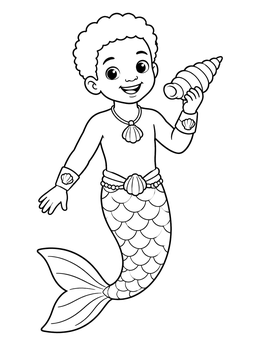 A smiling boy merman holds a shell on this mermaid coloring page.