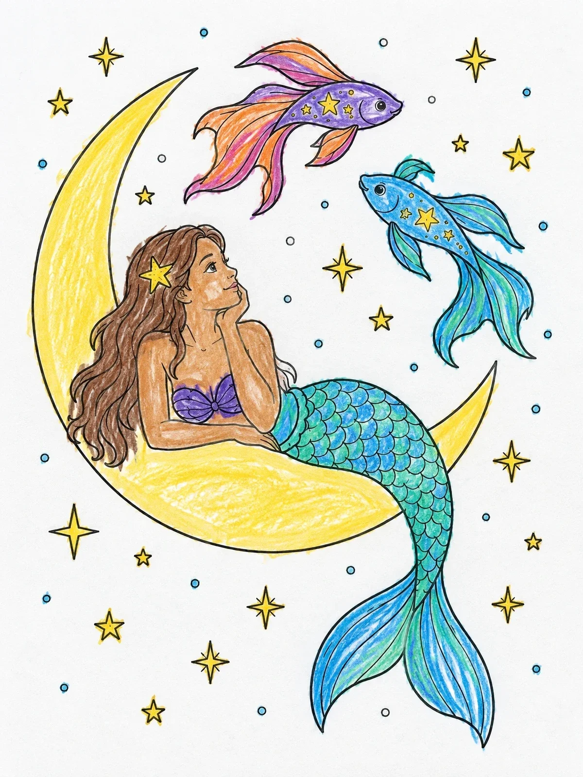 Colored example of the Mermaid On Crescent Moon With Pisces Fish coloring page